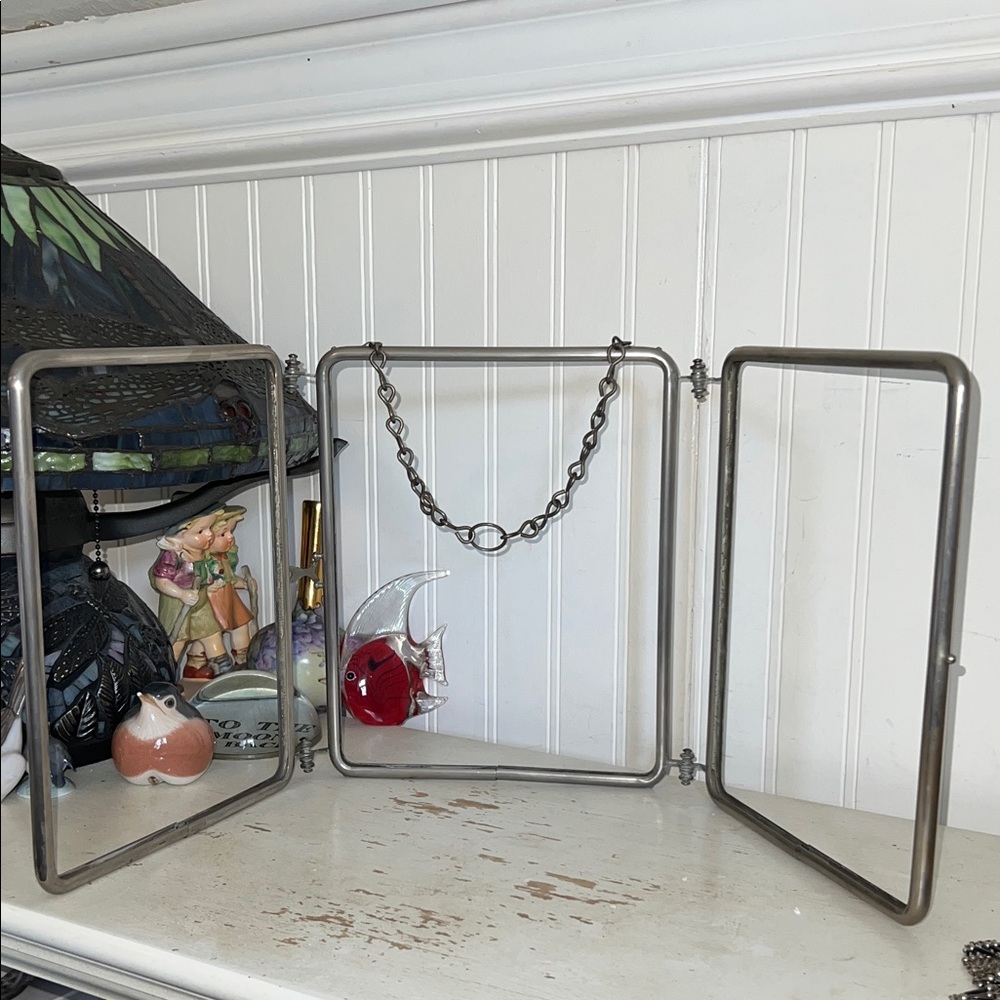 Antique nickel silver trifold triptych picture frame hanging or tabletop locking